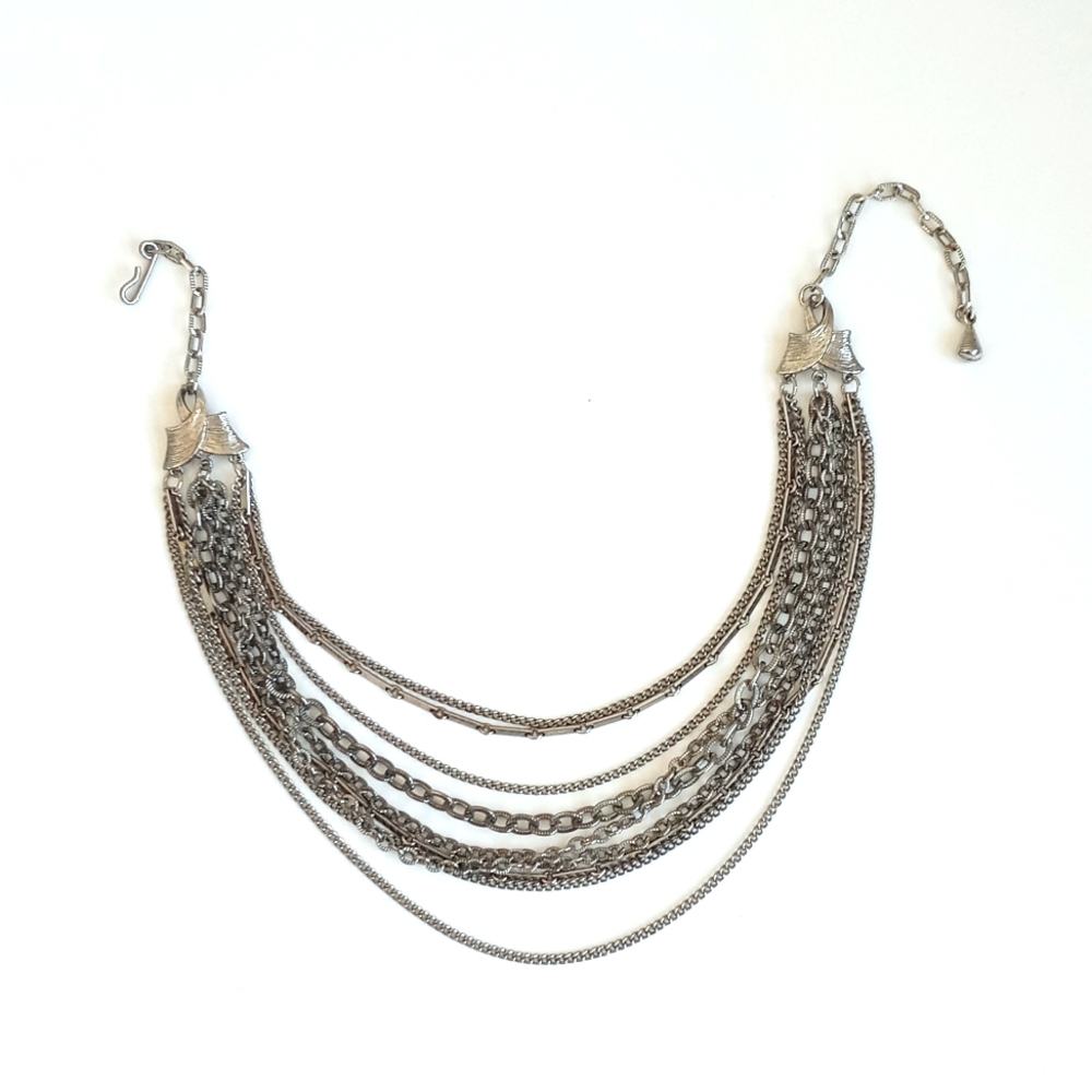 Vintage Art Deco (MCM) Multi String Aged Brass Bronzed 17” Choker Necklace
